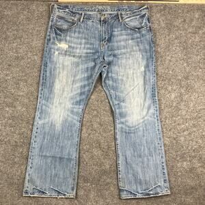 American Eagle Jeans Mens 42x32 Low Rise Bootcut Distressed Light Wash